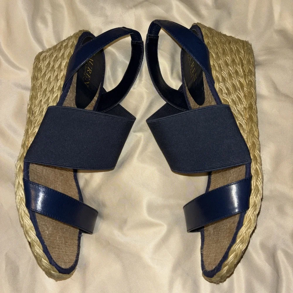 LRL Ralph Lauren 10 B Carminda Navy Blue Wedge Sandals Espadrille Jute Slingback